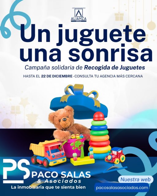 Un juguete, una sonrisa 🧸

Como cada año, arrancamos con ilusión nuestra Campaña Solidaria de Recogida de Juguetes de Navidad 🎁
Porque un pequeño gesto puede convertirse en una gran sonrisa.

Este año celebramos la XI Campaña Solidaria, destinada a niños y niñas que atraviesan especiales dificultades económicas.
Todos los juguetes recogidos irán a la Asociación Amigos del Parque del Alamillo, encargada de hacerlos llegar a las familias que más lo necesitan.

💙 Te invitamos a participar y a demostrar, una vez más, que unidos somos capaces de llegar más lejos. Sumemos sonrisas. Compartamos ilusión.
💪 Alianza unida es más fuerte.

📍 Punto de recogida:
Paco Salas & Asociados
C/ Real Utrera nº 23 B

🕒 Horario:
• Lunes a jueves: 10:00–14:00 y 17:00–20:00
• Viernes: 10:00–14:00

📅 Hasta el 22 de diciembre

🎁✨ Gracias por ayudarnos a regalar ilusión esta Navidad.

#UnJugueteUnaSonrisa #RecogidaDeJuguetes #NavidadSolidaria #CampañaSolidaria #JuguetesConCorazón
#SumemosSonrisas #ComparteIlusión #RegalaSonrisas #SolidaridadNavideña
#AlianzaSevilla #AlianzaUnida #SevillaSolidaria